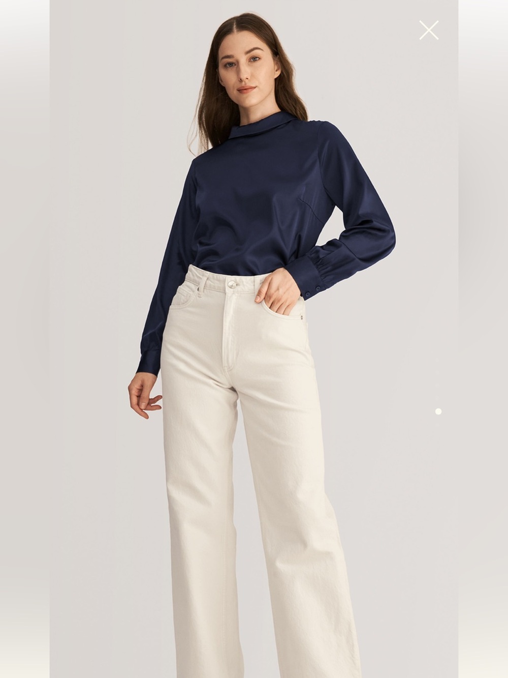 Lily Silk NEW navy blue silk high neck blouse office work business fall XS